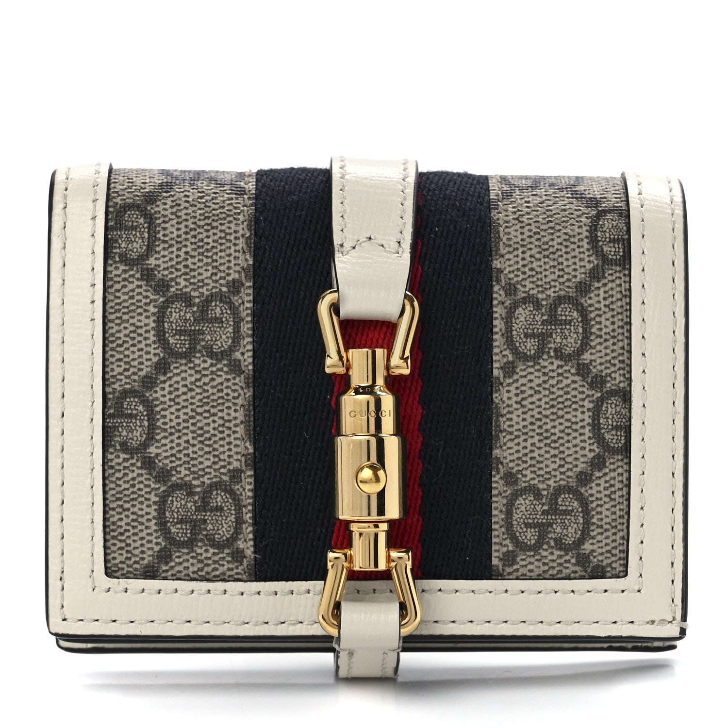product image of GUCCI GG Supreme Monogram Textured Calfskin Web Jackie 1961 Card Case Beige Ebony Mystic White FASHIONPHILE
