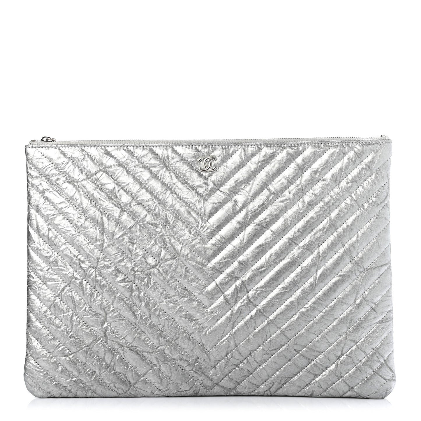 Metallic Crumpled Calfskin Chevron Quilted Large Cosmetic Case Silver