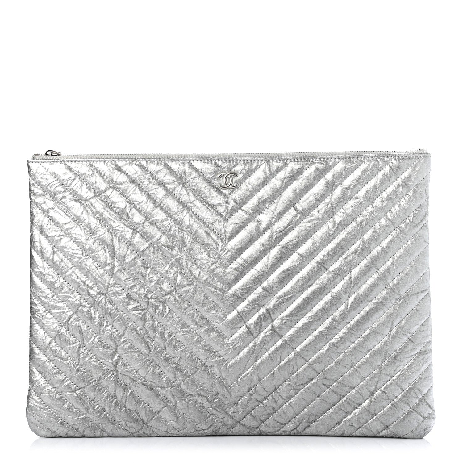 Chanel Metallic Crumpled Calfskin Chevron Quilted Large Cosmetic Case Silver 1 of 6