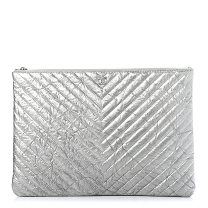 Chanel Metallic Crumpled Calfskin Chevron Quilted Large Cosmetic Case Silver 1 of 6