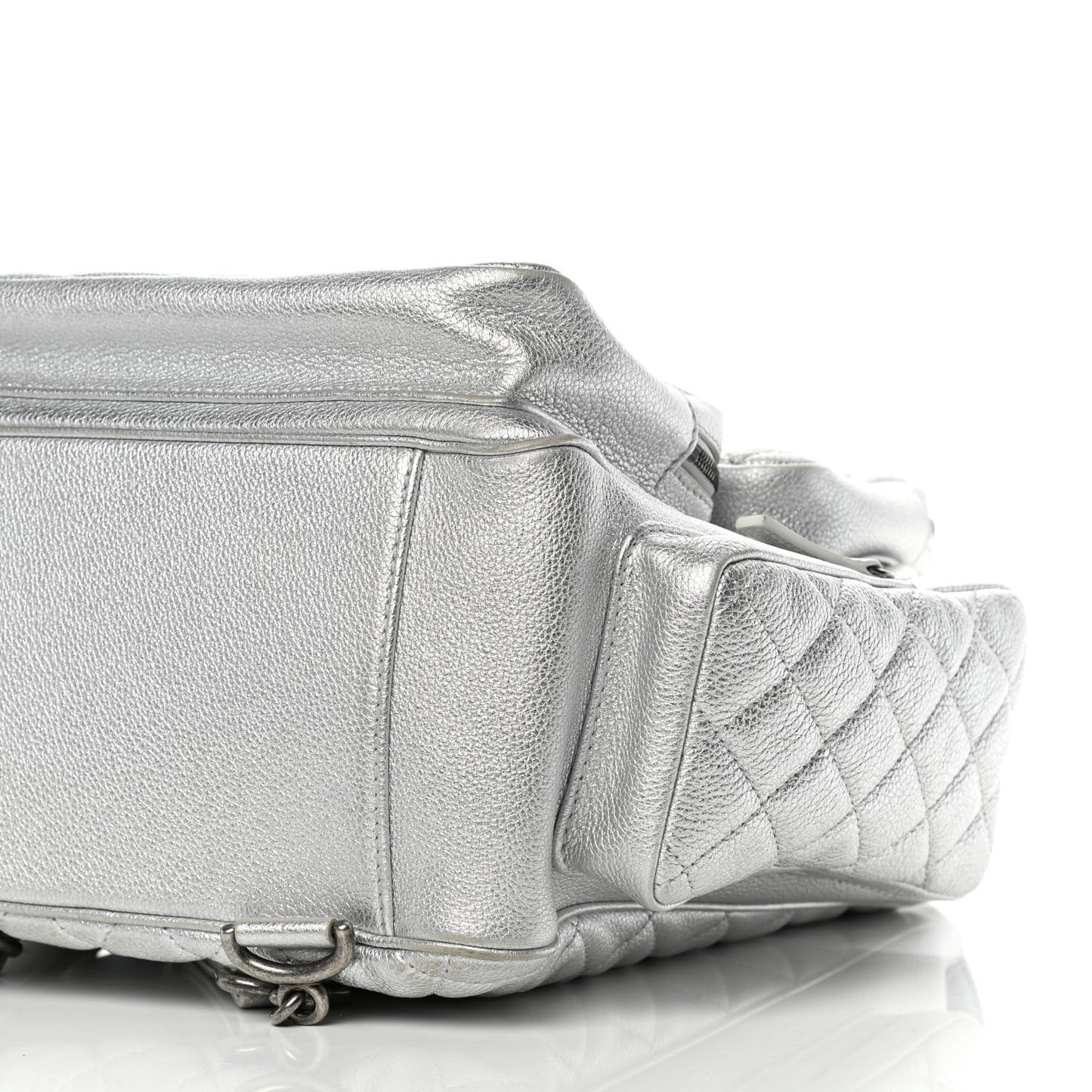 Metallic Grained Calfskin Quilted Large Casual Rock Backpack Silver