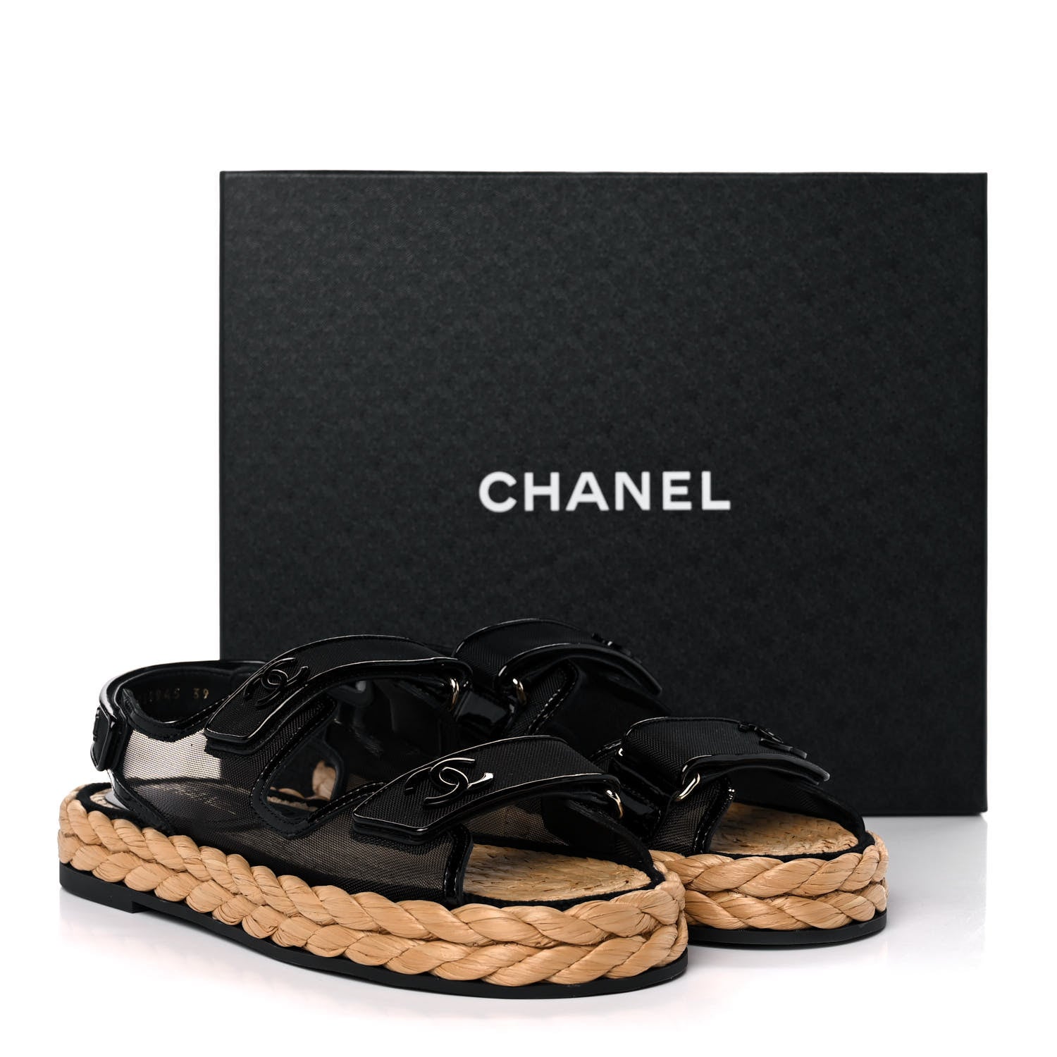 Chanel Mesh Patent Calfskin Velcro Dad Sandals 39 Black 9 of 9