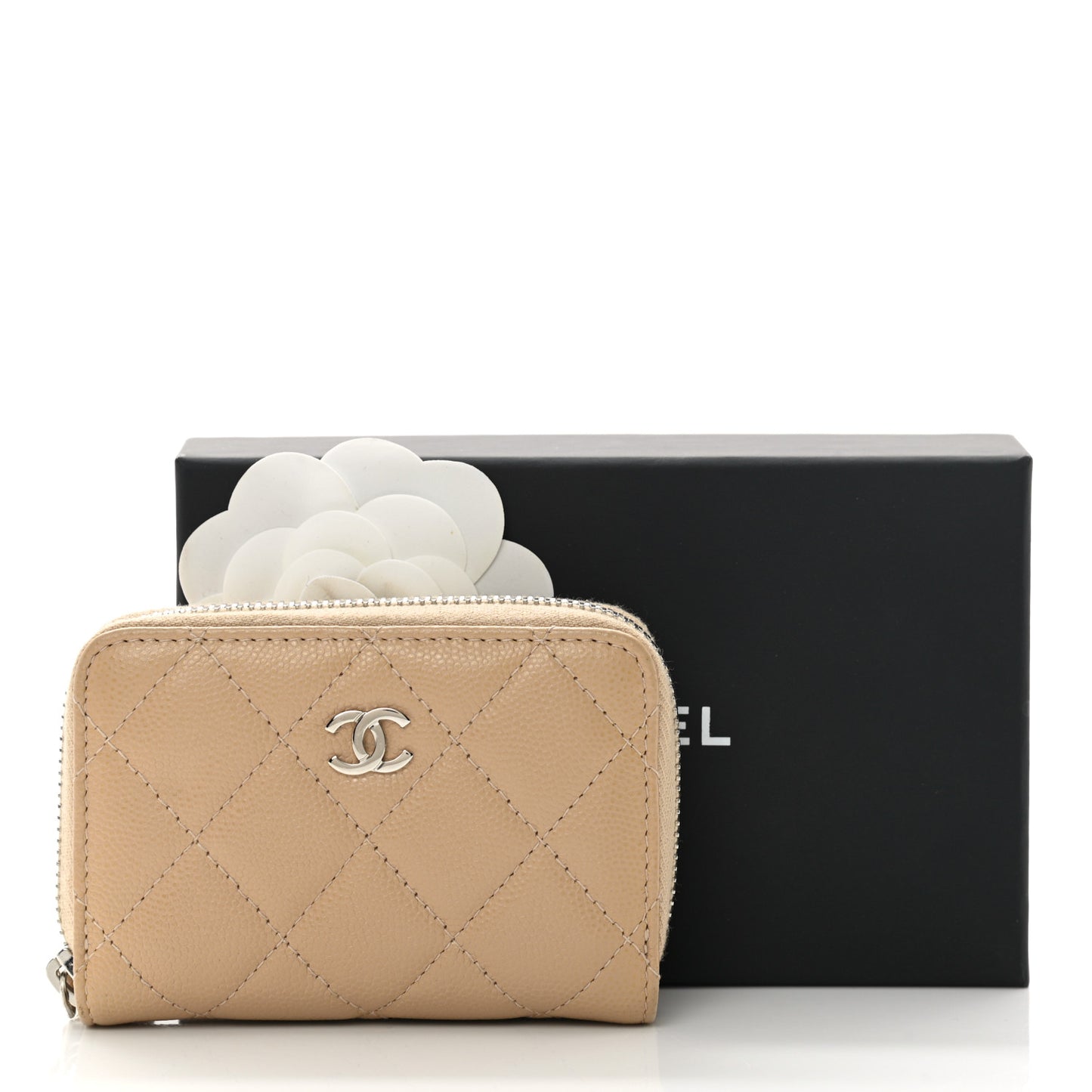 Caviar Quilted Zip Around Coin Purse Beige