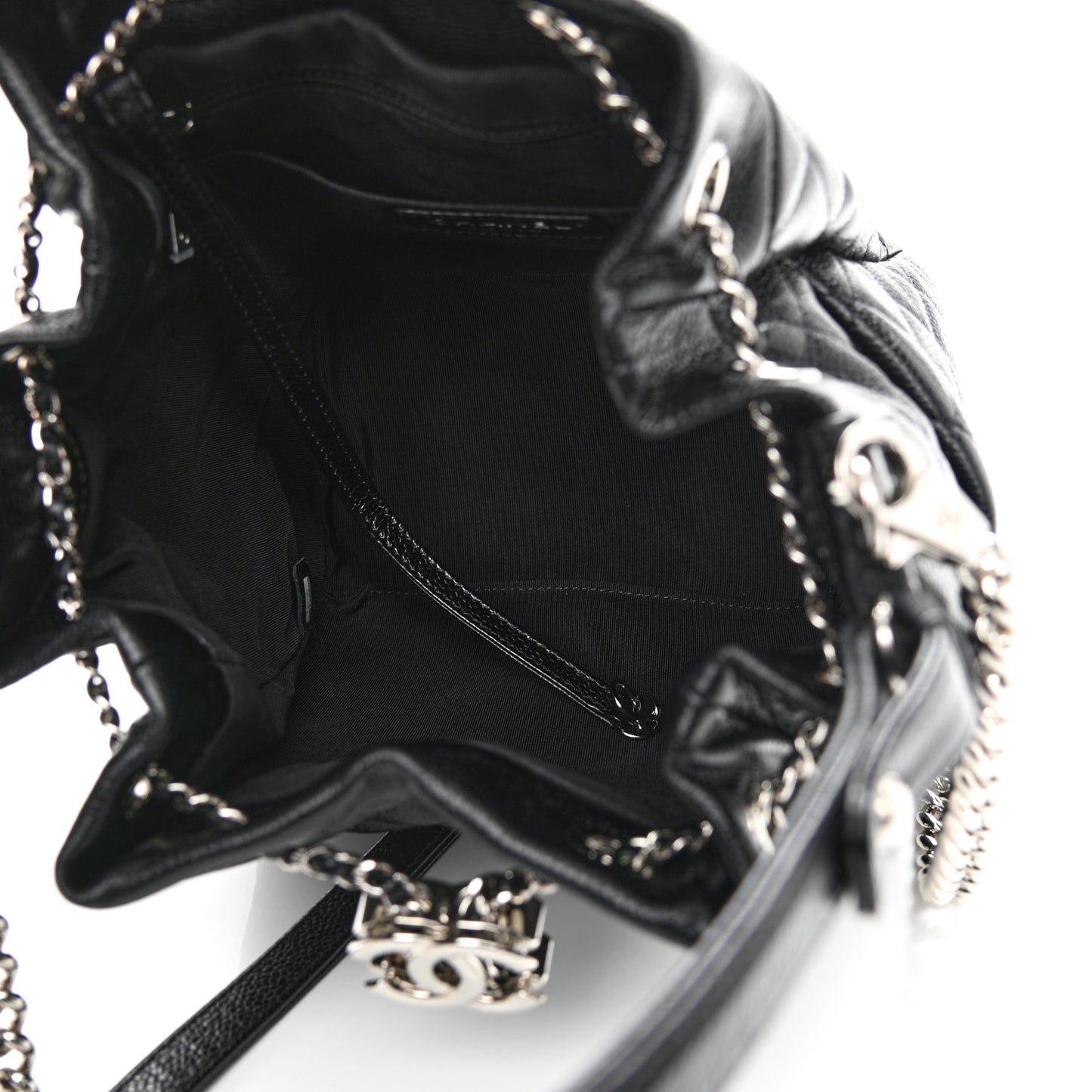 Caviar Flat Quilted CC Chain Bucket Drawstring Bag Black