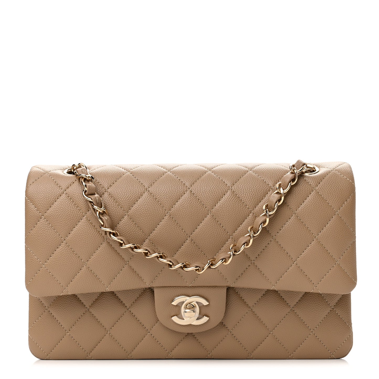 Caviar Quilted Medium Double Flap Beige