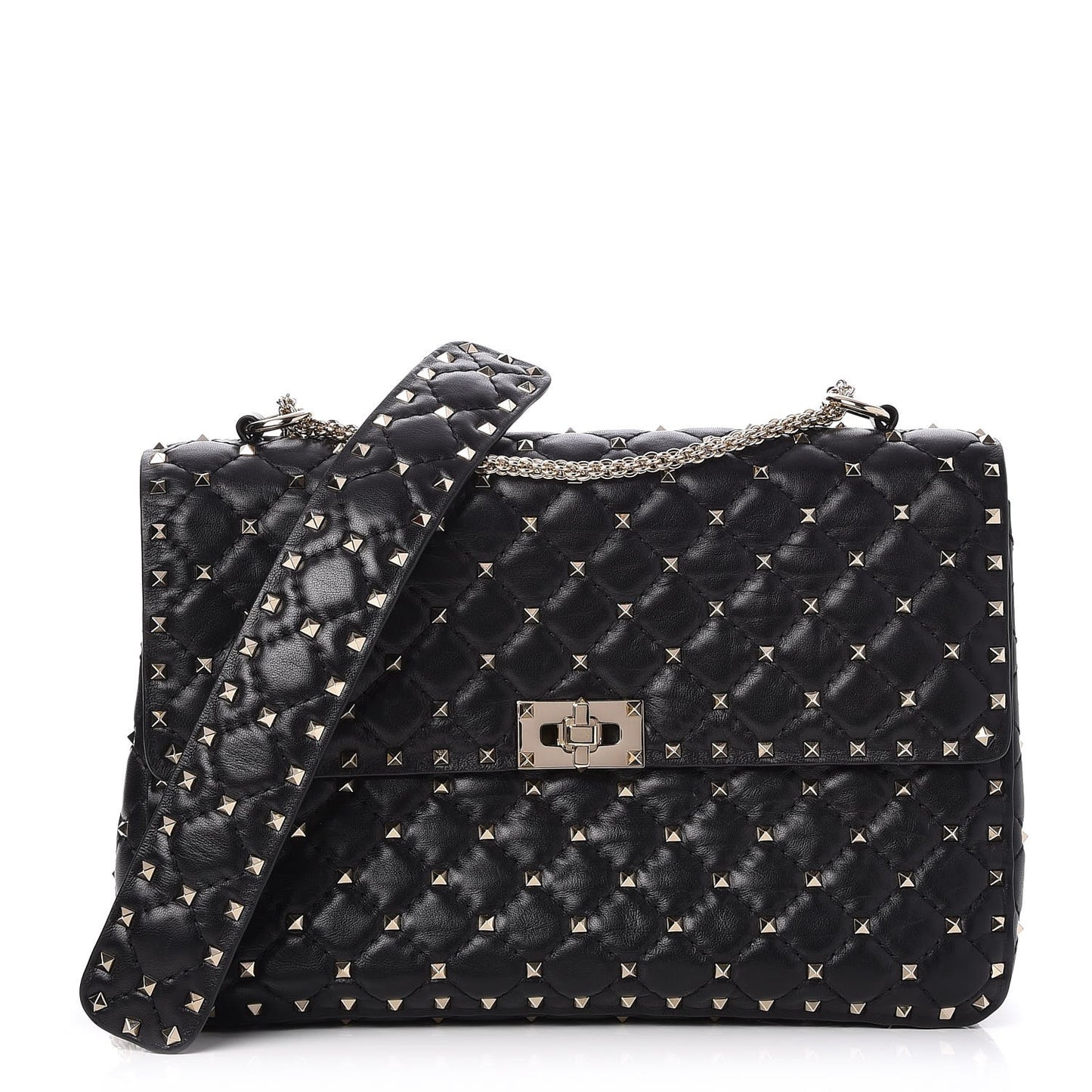 Lambskin Large Rockstud Spike Shoulder Bag Black