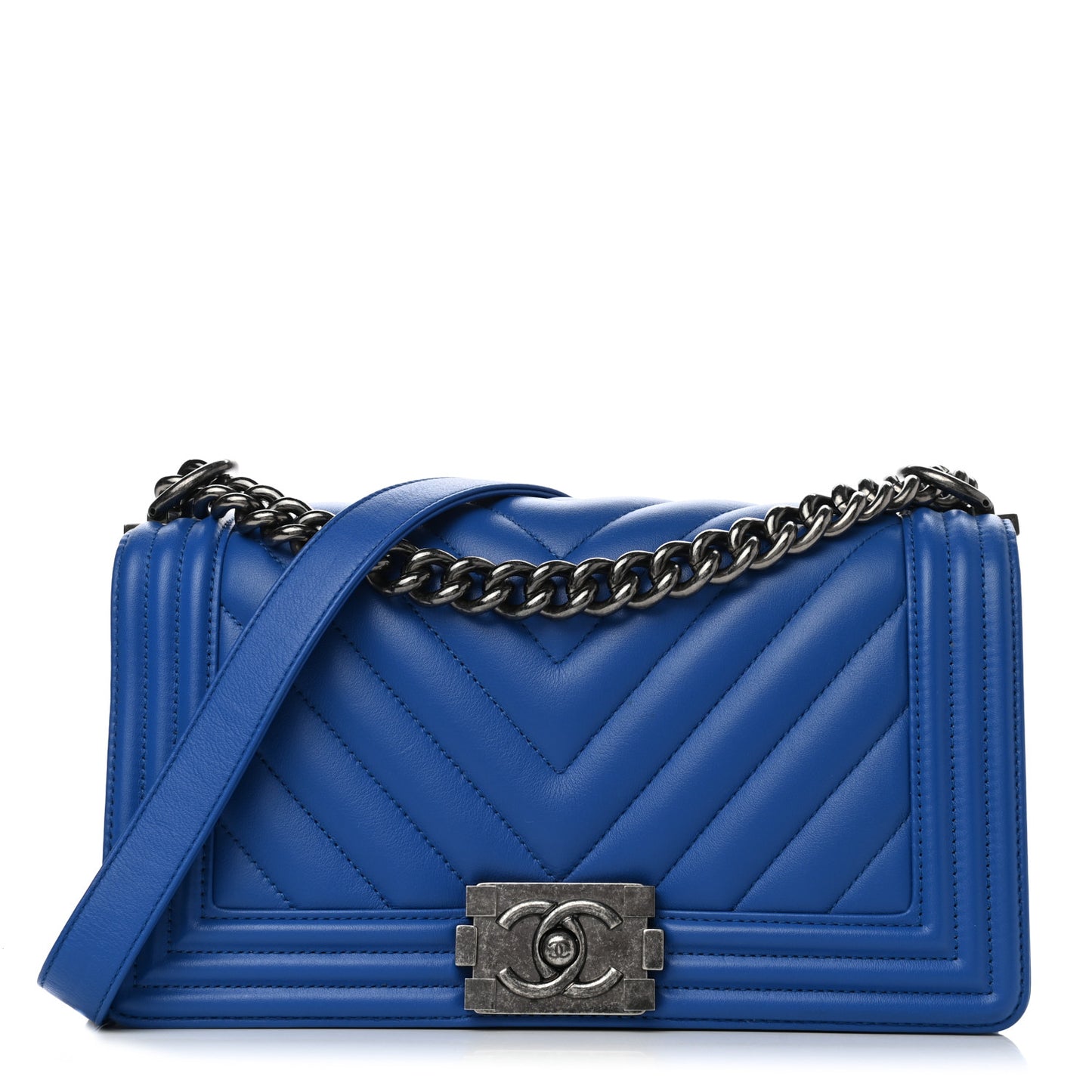 Calfskin Chevron Quilted Medium Boy Flap Bright Blue