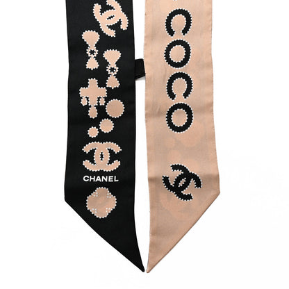 Chanel Silk CC Slim Bandeau Scarf Black Light Beige Ecru 2 of 5