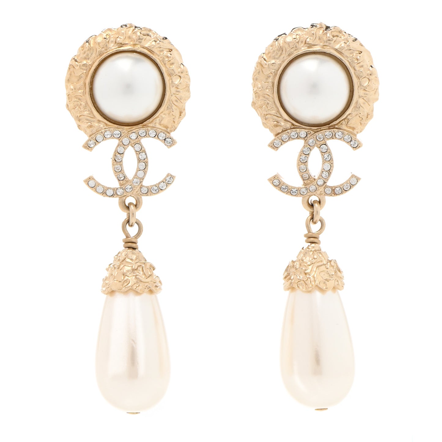 Metal Pearl Crystal Textured Teardrop CC Drop Earrings Gold