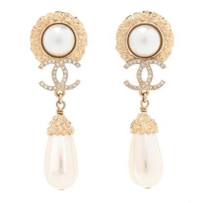Chanel Metal Pearl Crystal Textured Teardrop CC Drop Earrings Gold 1 of 5