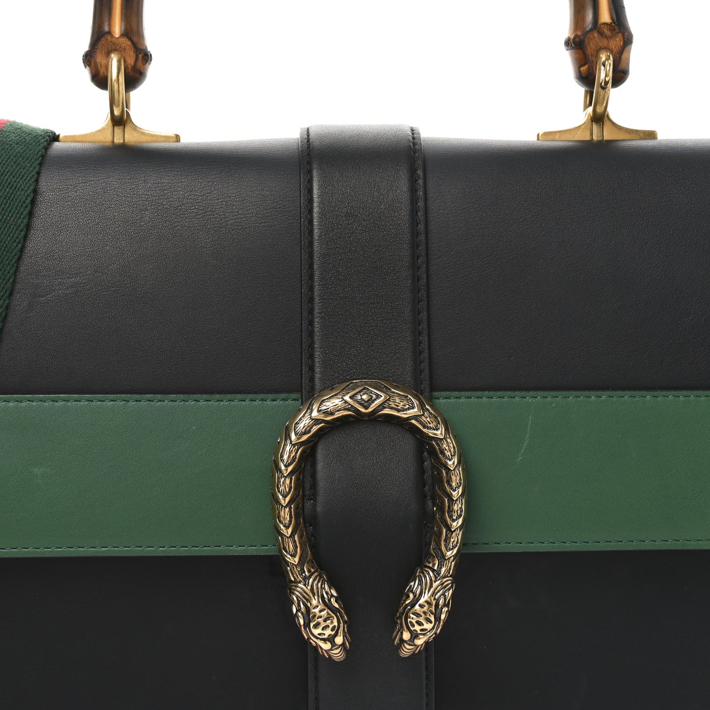 Calfskin Bamboo Web Large Dionysus Top Handle Bag Black Bright Evergreen Hibiscus Red
