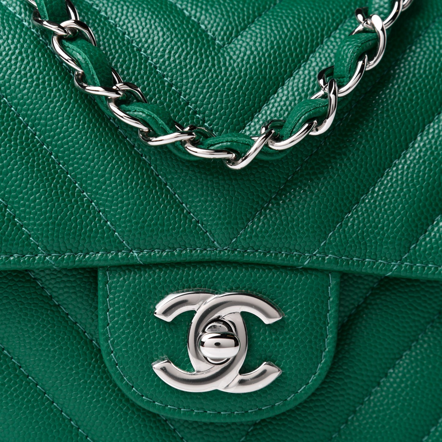 Caviar Chevron Quilted Mini Rectangular Flap Dark Green