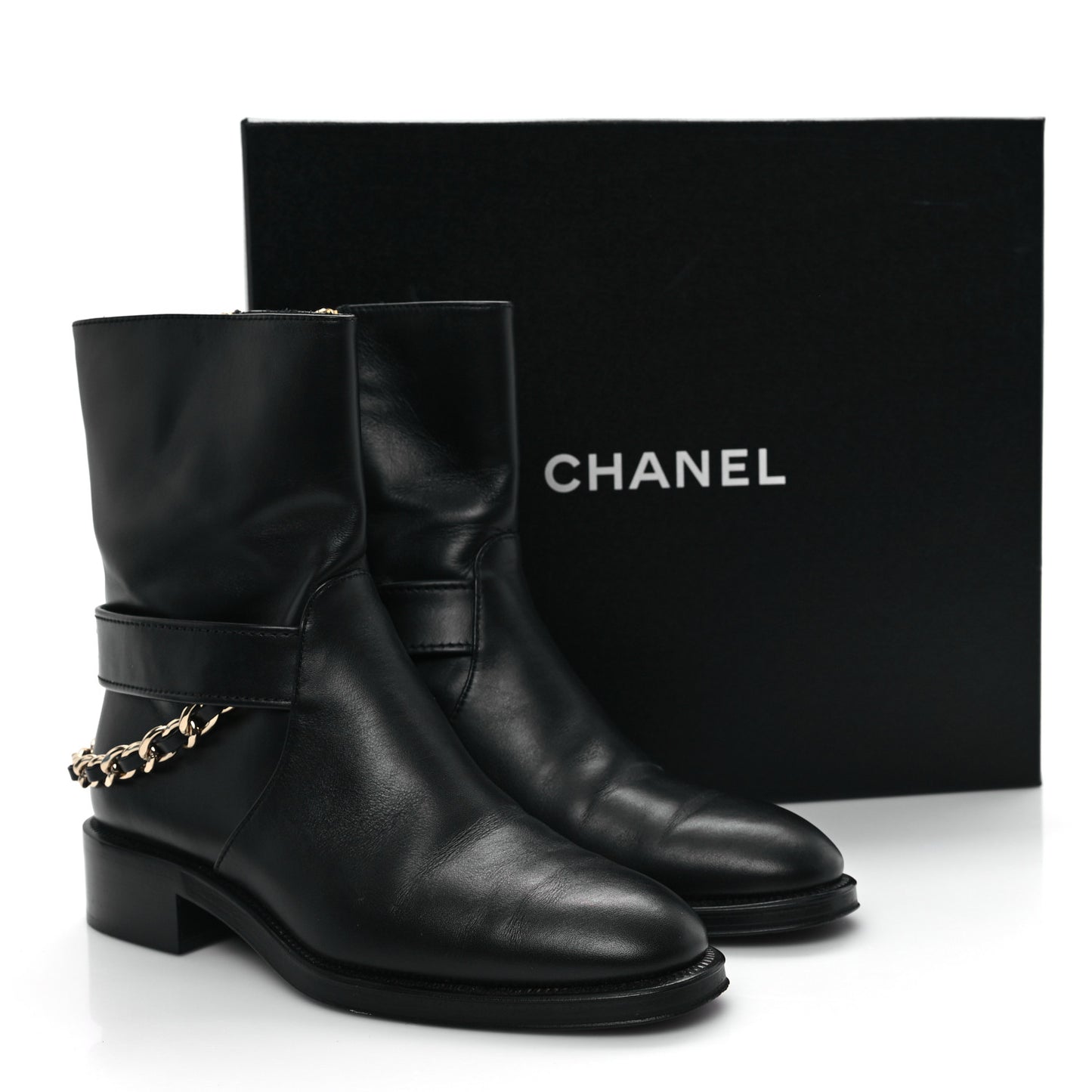 Calfskin Chain Short Boots 37 Black