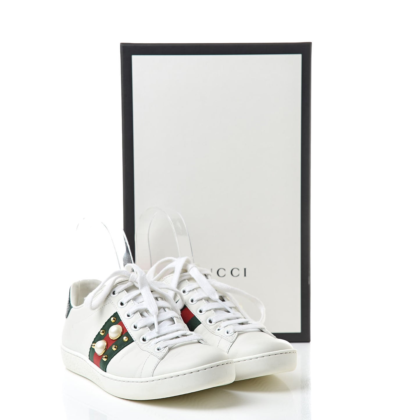 Calfskin Web Pearl Studded Womens Ace Sneakers 35 White