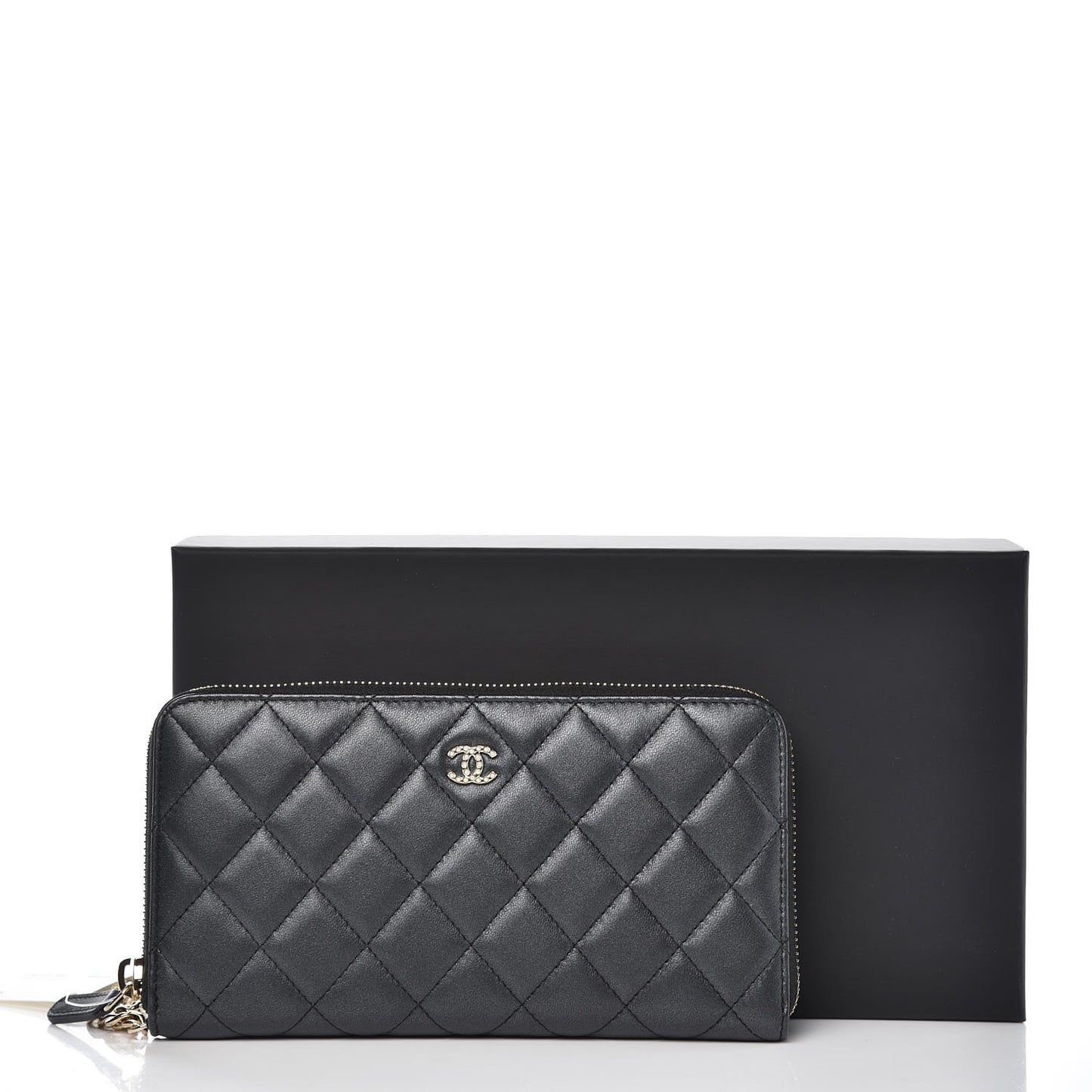 Lambskin Zip Around Large Gusset Wallet With Pearl Chain Black