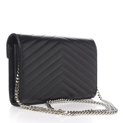 Saint Laurent Grain De Poudre Matelasse Chevron Monogram Chain Wallet Black 2 of 9