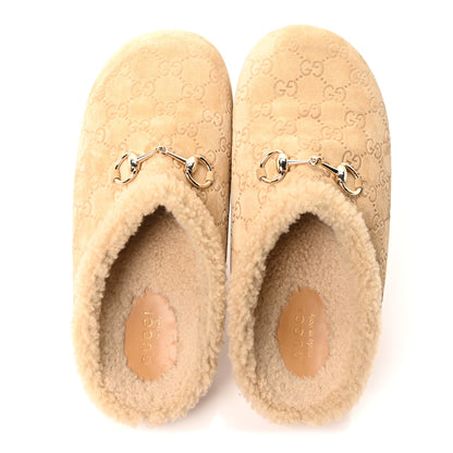 Gucci Suede GG Debossed Shearling Womens Horsebit Mules 39 Beige 2 of 8