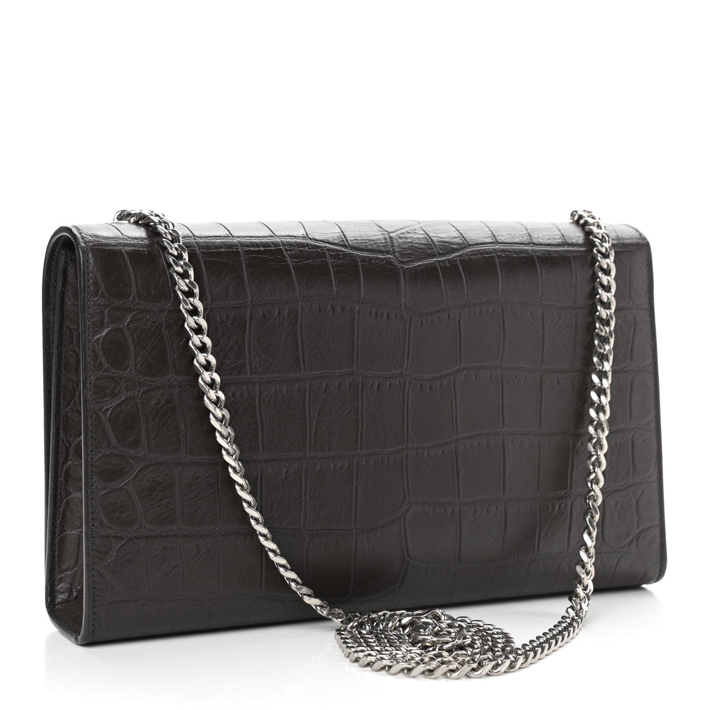 Calfskin Crocodile Embossed Medium Classic Monogram Kate Tassel Satchel Dark Brown