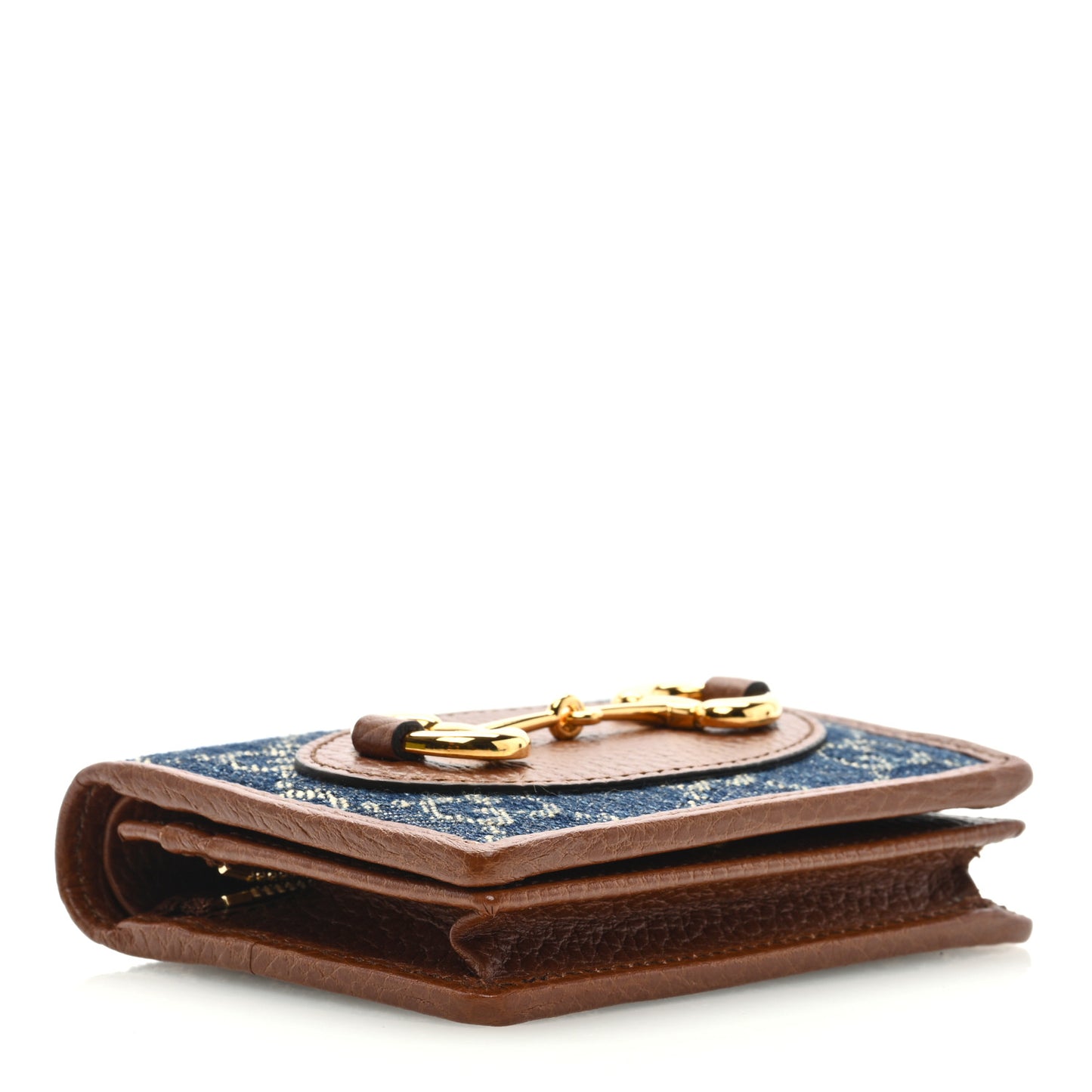New Denim GG Monogram Dollar Calfskin Horsebit 1955 Card Case Wallet Blue Tea Cuir Epilog