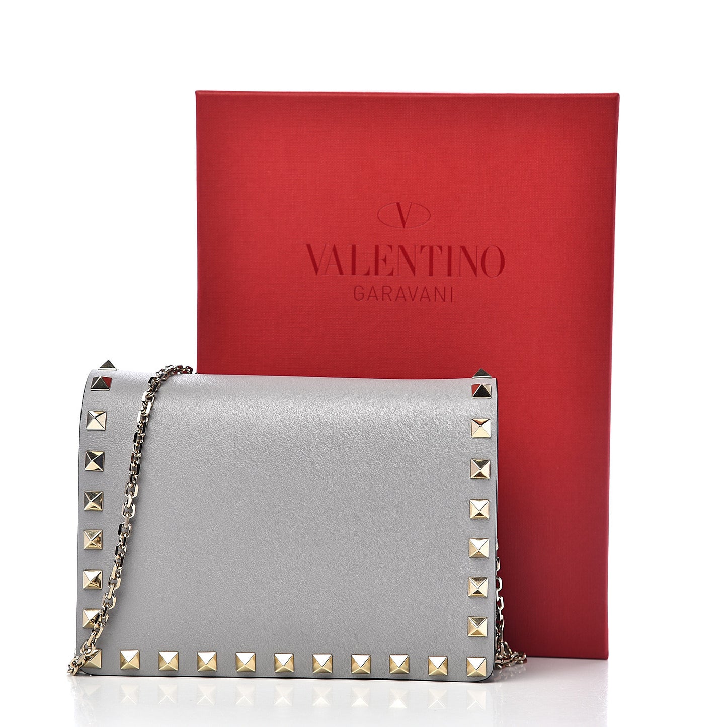 Calfskin Rockstud Wallet on Chain Pastel Grey