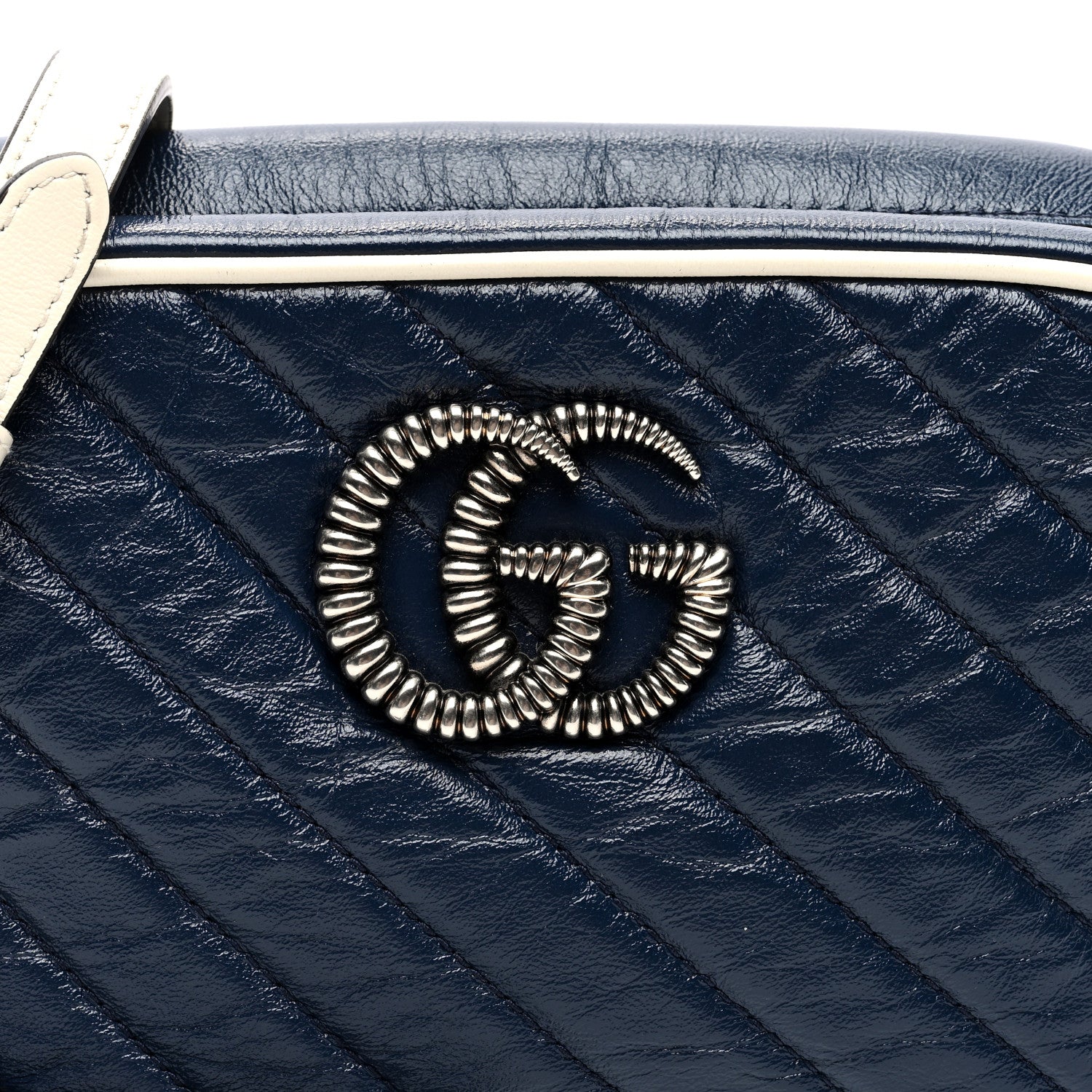 Gucci Vintage Effect Calfskin Matelasse Diagonal Small Torchon GG Marmont Chain Shoulder Bag Blue Agata Mystic White 8 of 10
