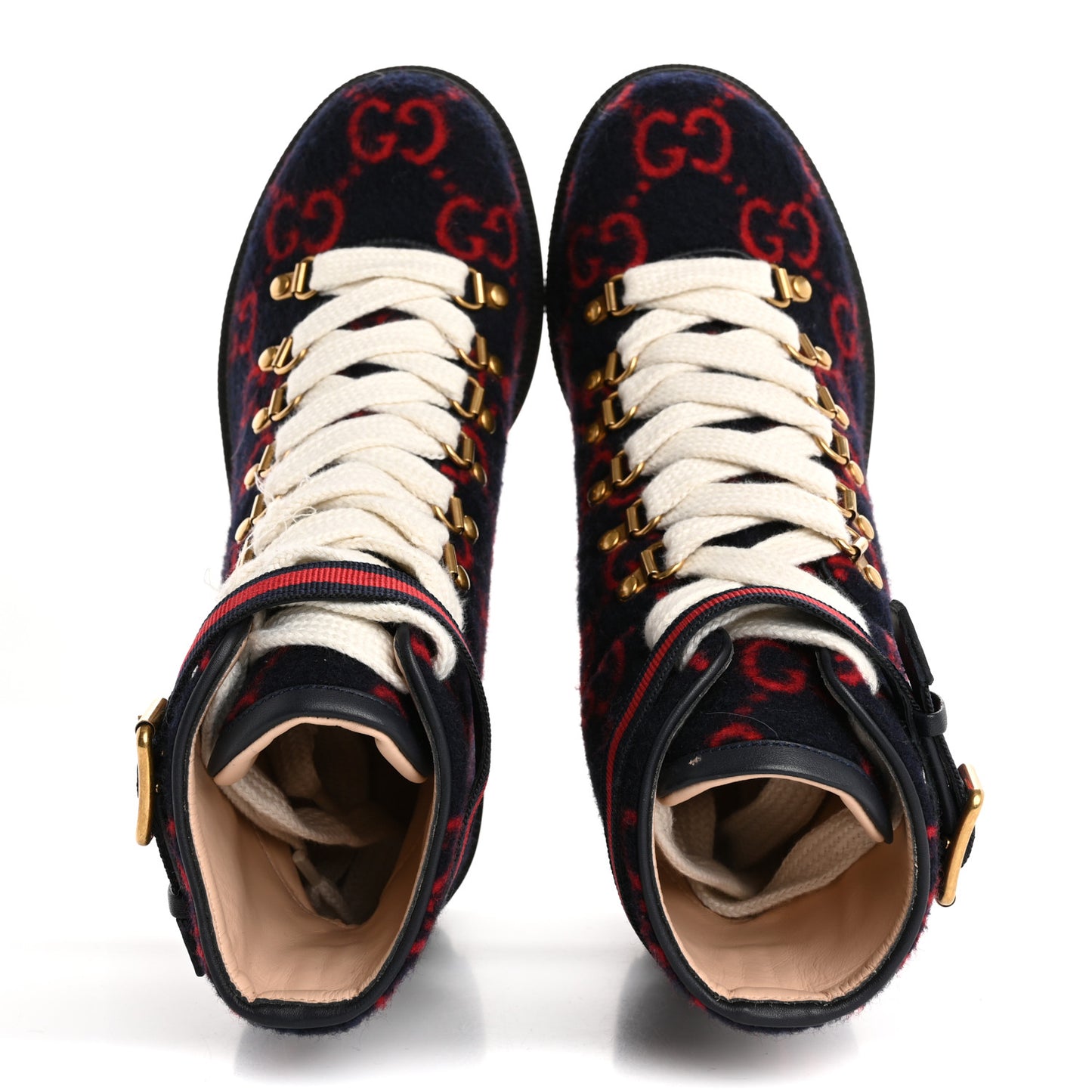 Covered Wool Big GG Monogram Womens Lace Up Combat Ankle Boots 37 Blue Red