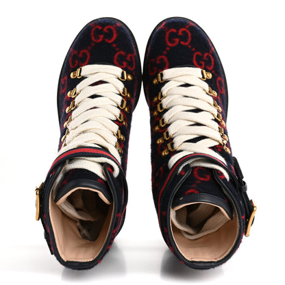 Gucci Covered Wool Big GG Monogram Womens Lace Up Combat Ankle Boots 37 Blue Red 2 of 9