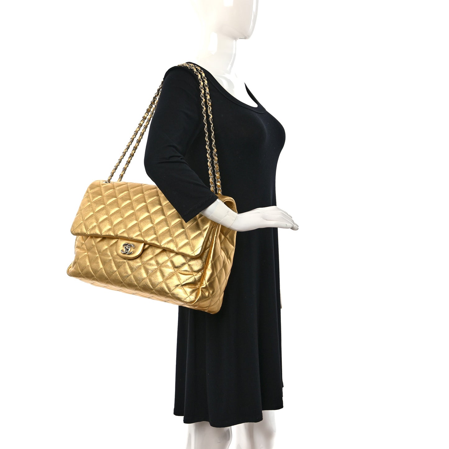 Metallic Calfskin Quilted Small XXL Travel Flap Bag Gold
