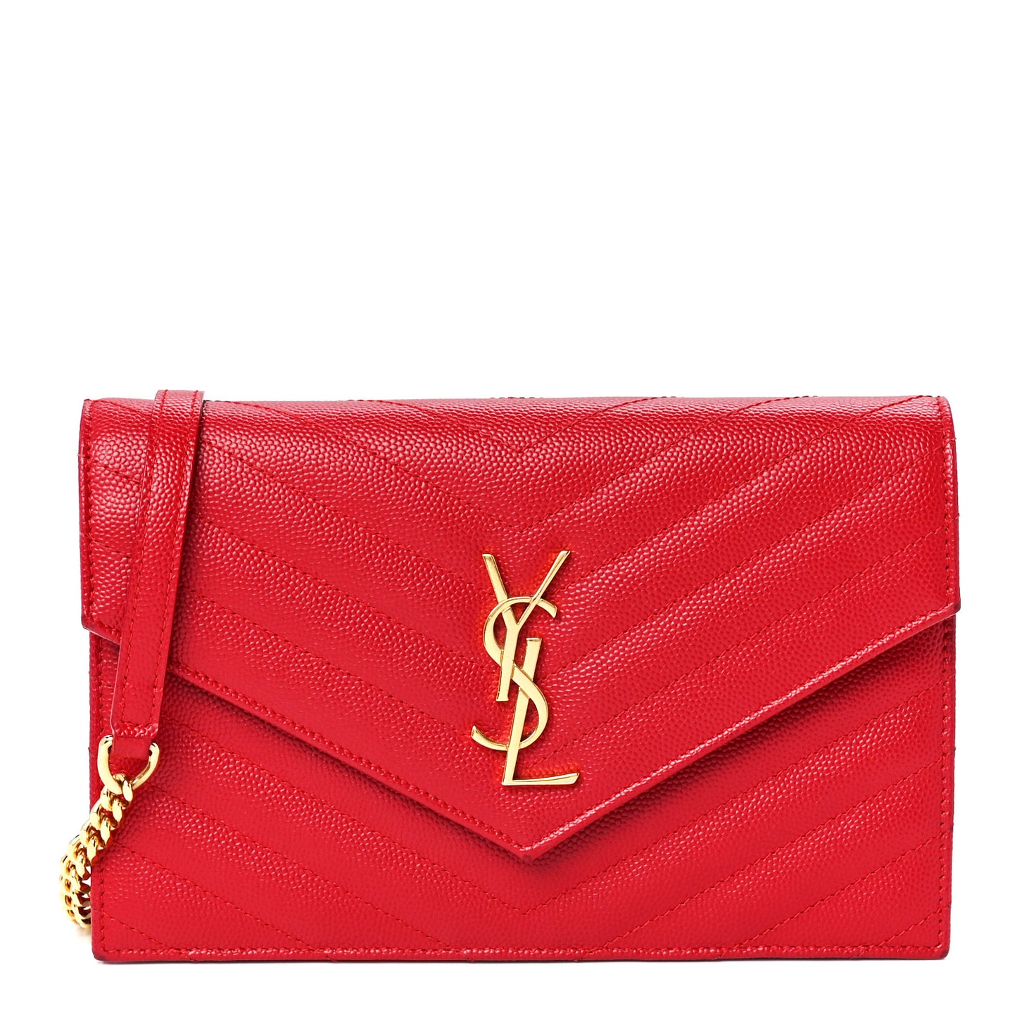 Grain De Poudre Matelasse Chevron Monogram Envelope Chain Wallet New Red