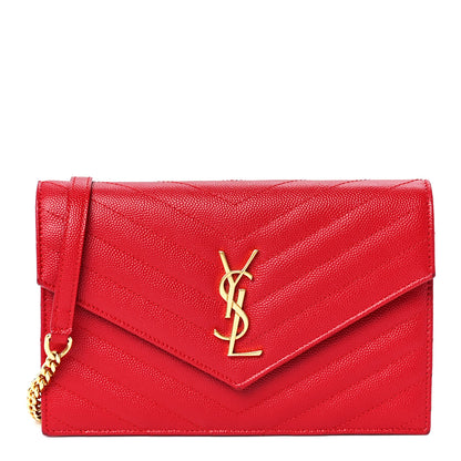 Saint Laurent Grain De Poudre Matelasse Chevron Monogram Envelope Chain Wallet New Red 1 of 12