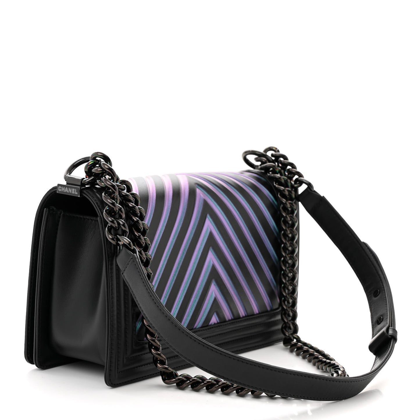 Calfskin Painted Chevron Embossed Medium Boy Flap Black