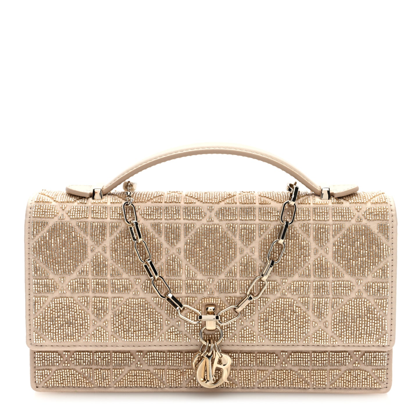 Calfskin Technical Fabric Beaded Embroidered Cannage Mini My Dior Top Handle Clutch Caramel Beige