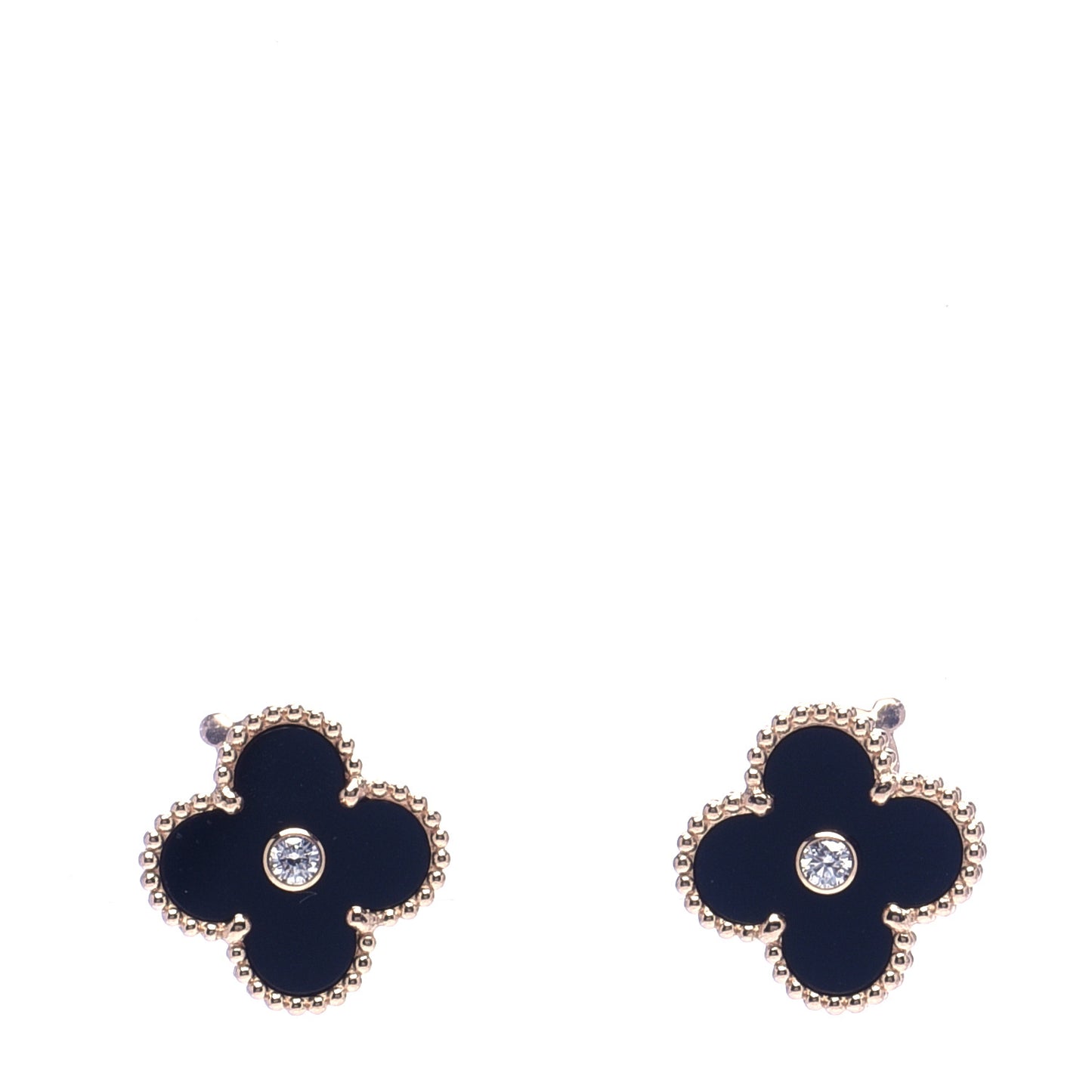 18K Rose Gold Diamond Black Onyx Vintage Alhambra Earrings