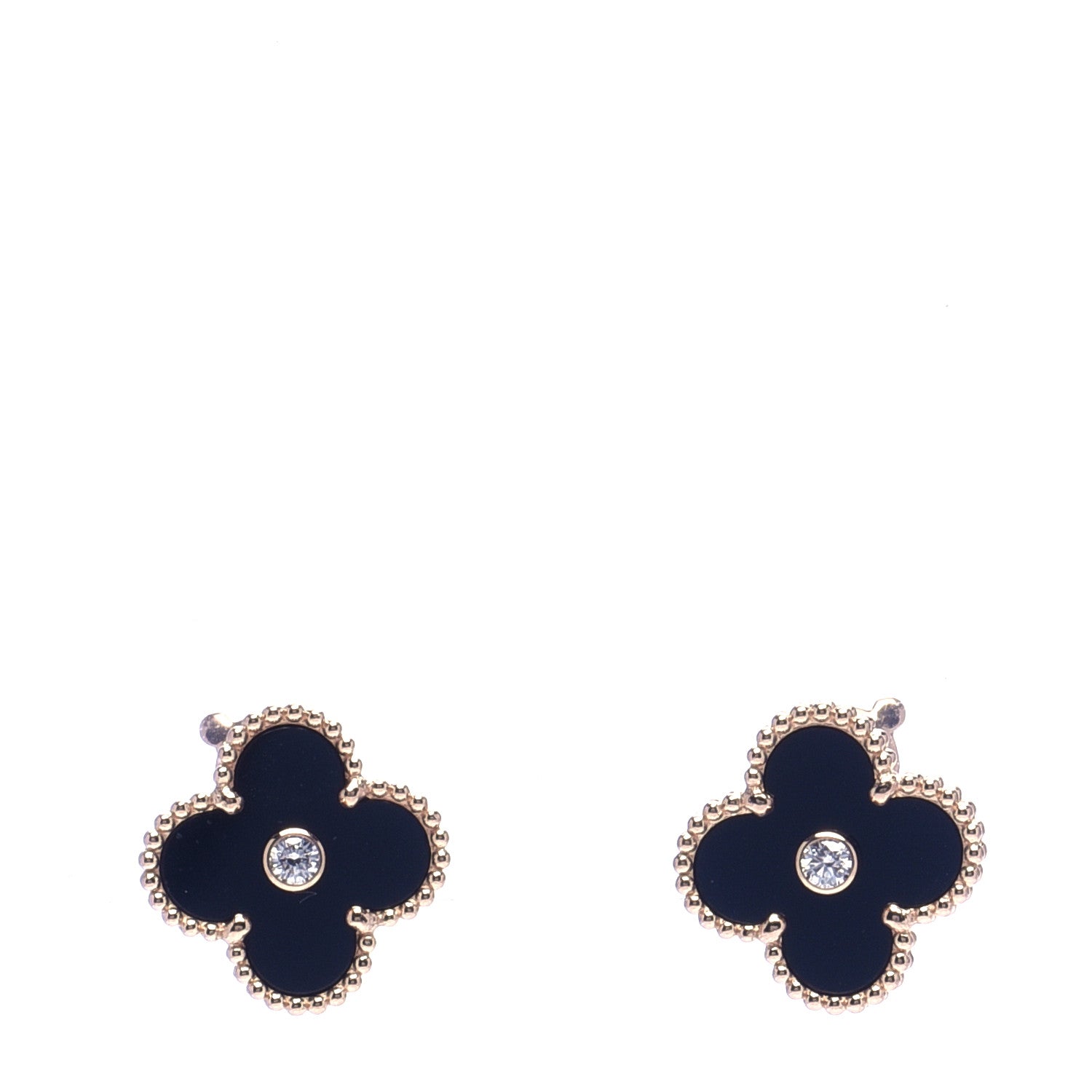 Van Cleef & Arpels 18K Rose Gold Diamond Black Onyx Vintage Alhambra Earrings 1 of 7