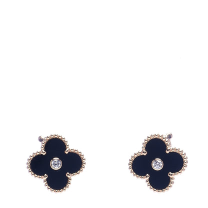 Van Cleef & Arpels 18K Rose Gold Diamond Black Onyx Vintage Alhambra Earrings 1 of 7