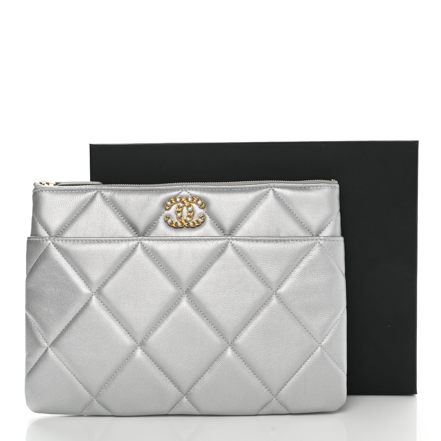Metallic Lambskin Quilted Chanel 19 Pouch Silver