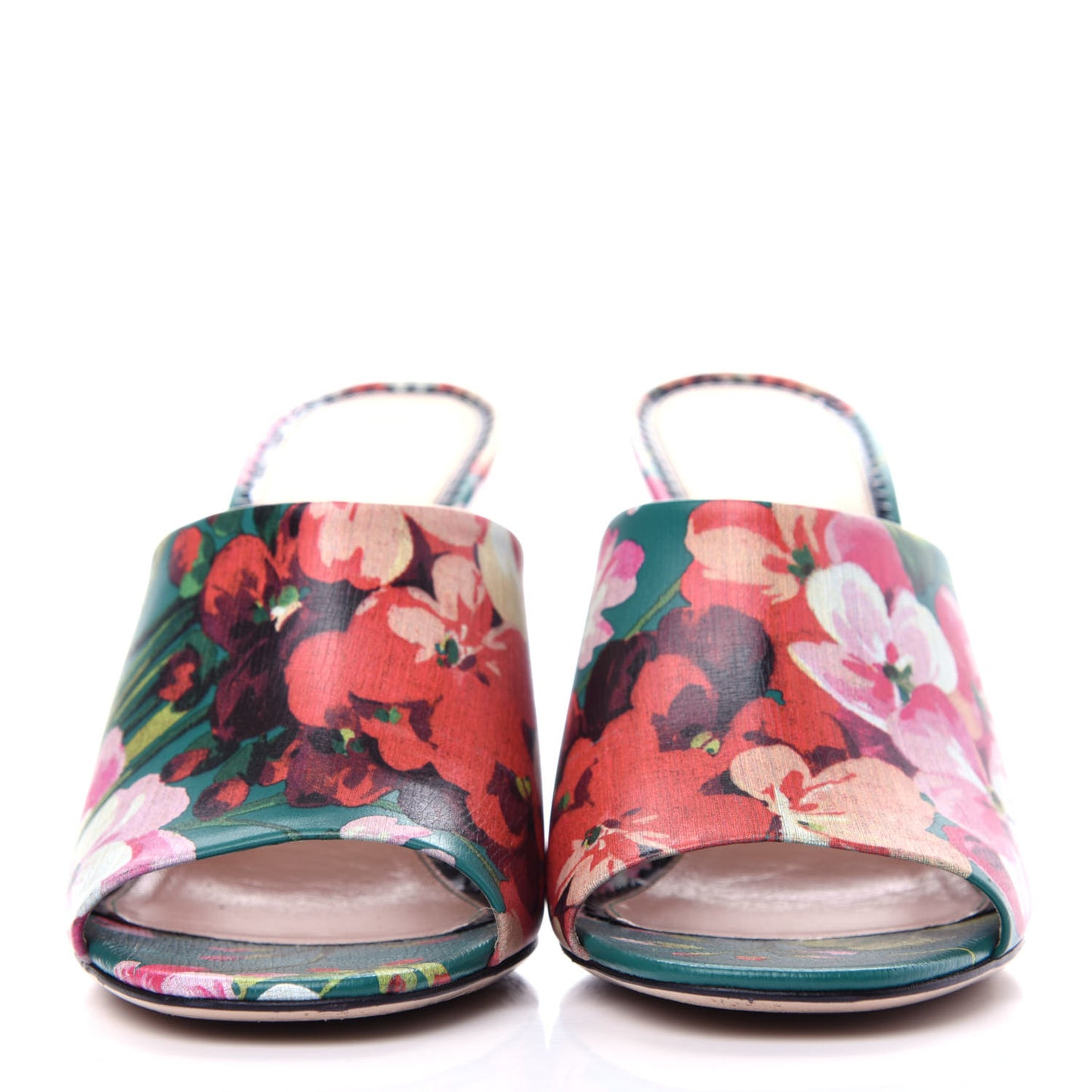 Calfskin Blooms Print High Heel Slide Sandals 37 Bright Emerald Multicolor