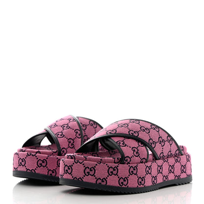 Gucci Monogram Multicolor Criss Cross Platform Slide Sandals 39 Pink Blue 3 of 9