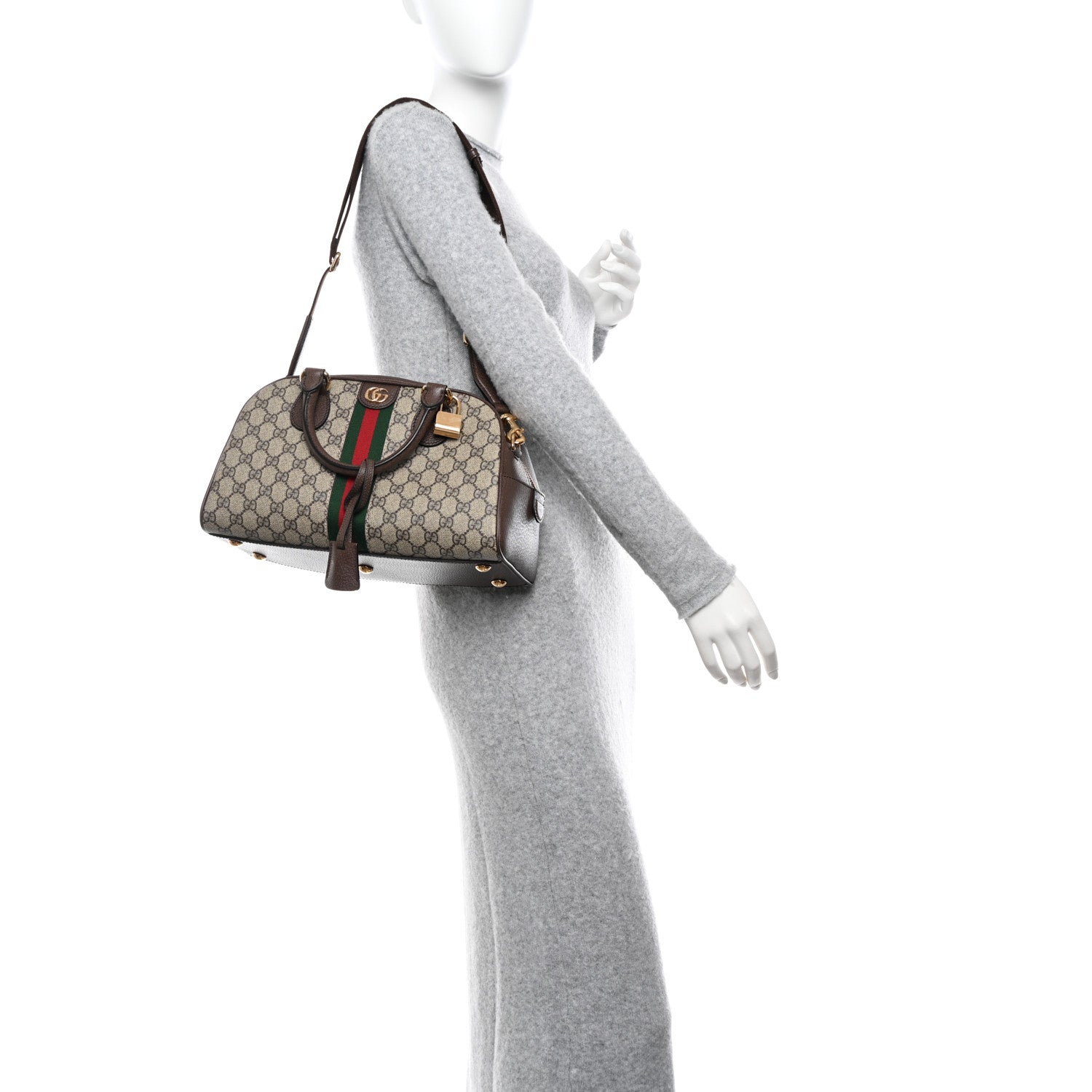 Gucci GG Supreme Monogram Textured Dollar Calfskin Web Medium Ophidia Top Handle Bowler Bag Beige Ebony New Acero 2 of 15