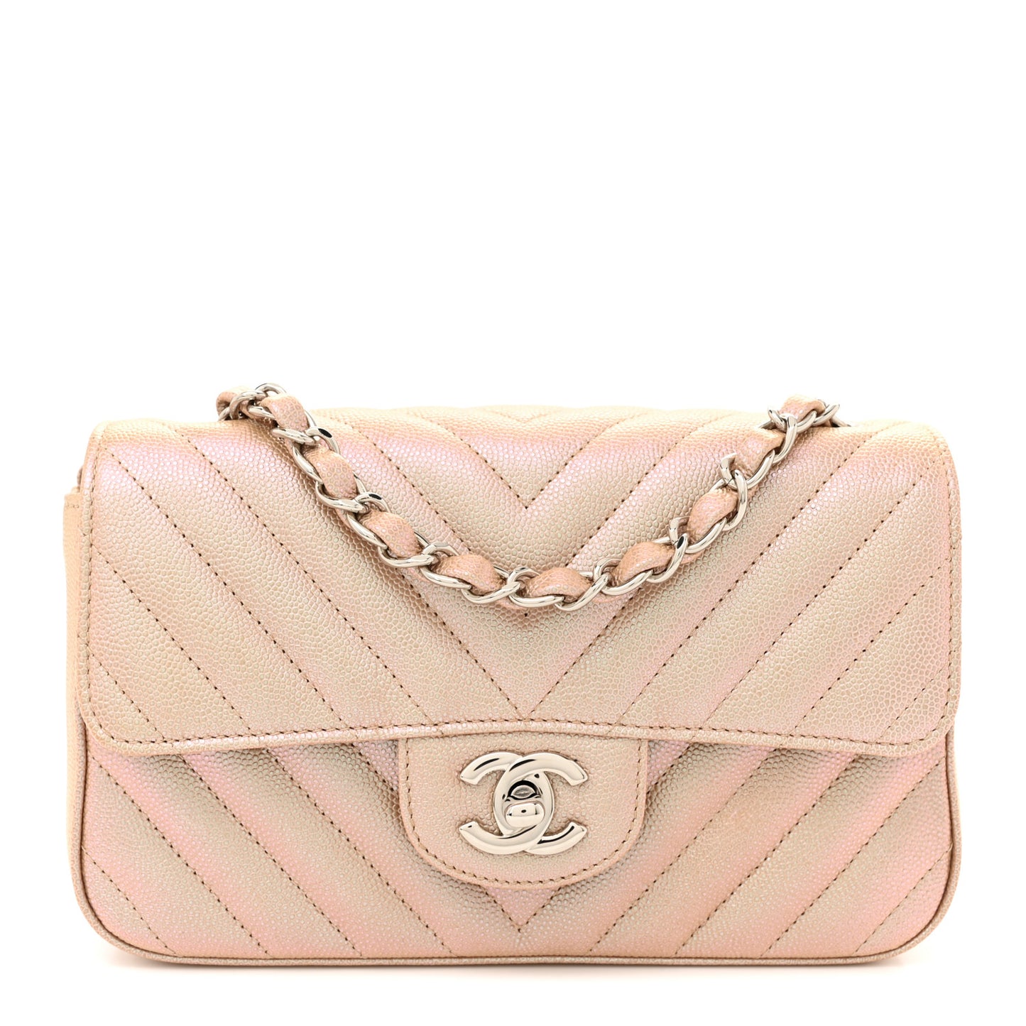 Iridescent Caviar Chevron Quilted Mini Rectangular Flap Light Gold