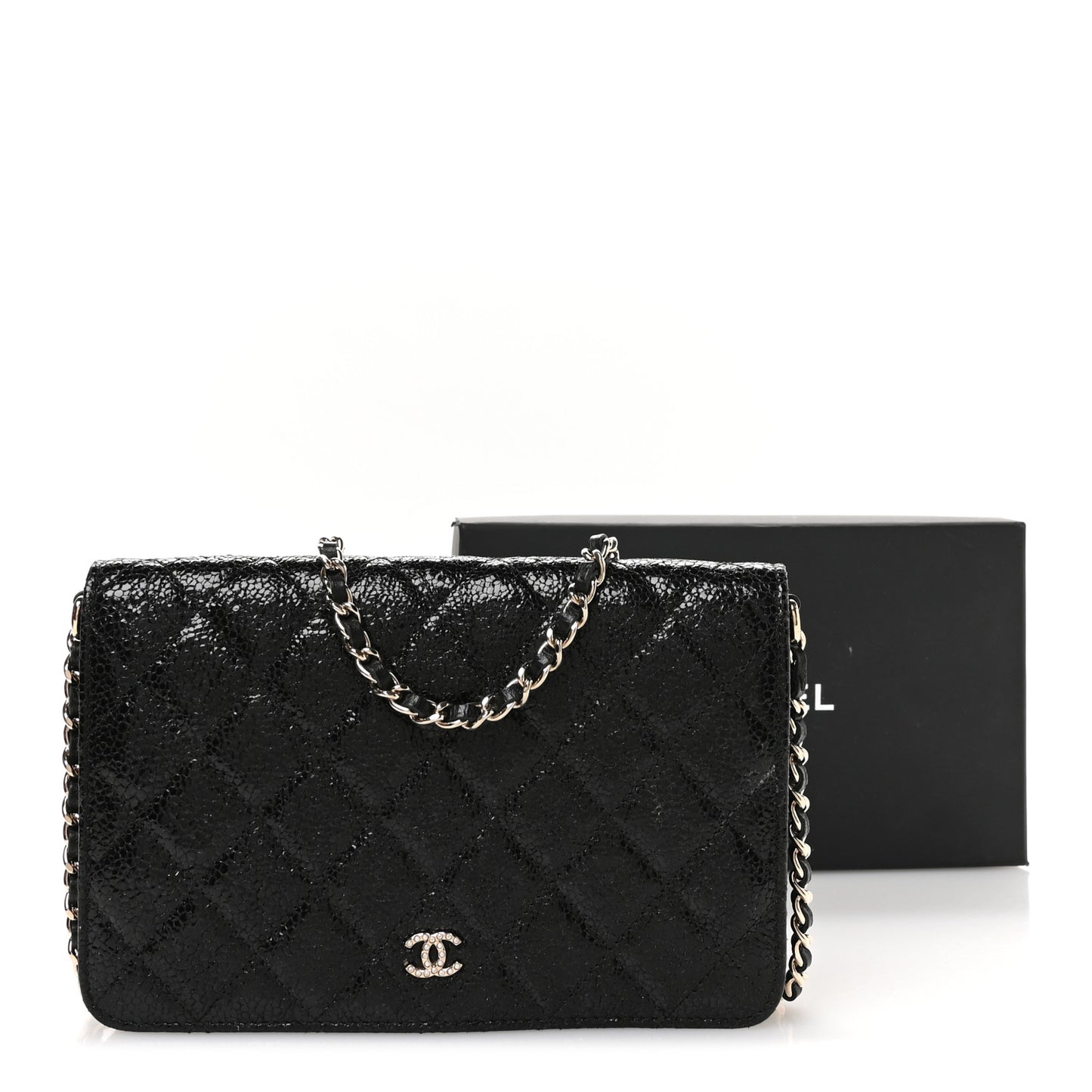 Crackled Patent Calfskin Quilted Pearl Wallet On Chain WOC Black