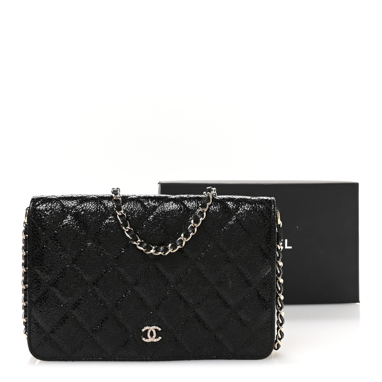 Chanel Crackled Patent Calfskin Quilted Pearl Wallet On Chain WOC Black 12 of 13
