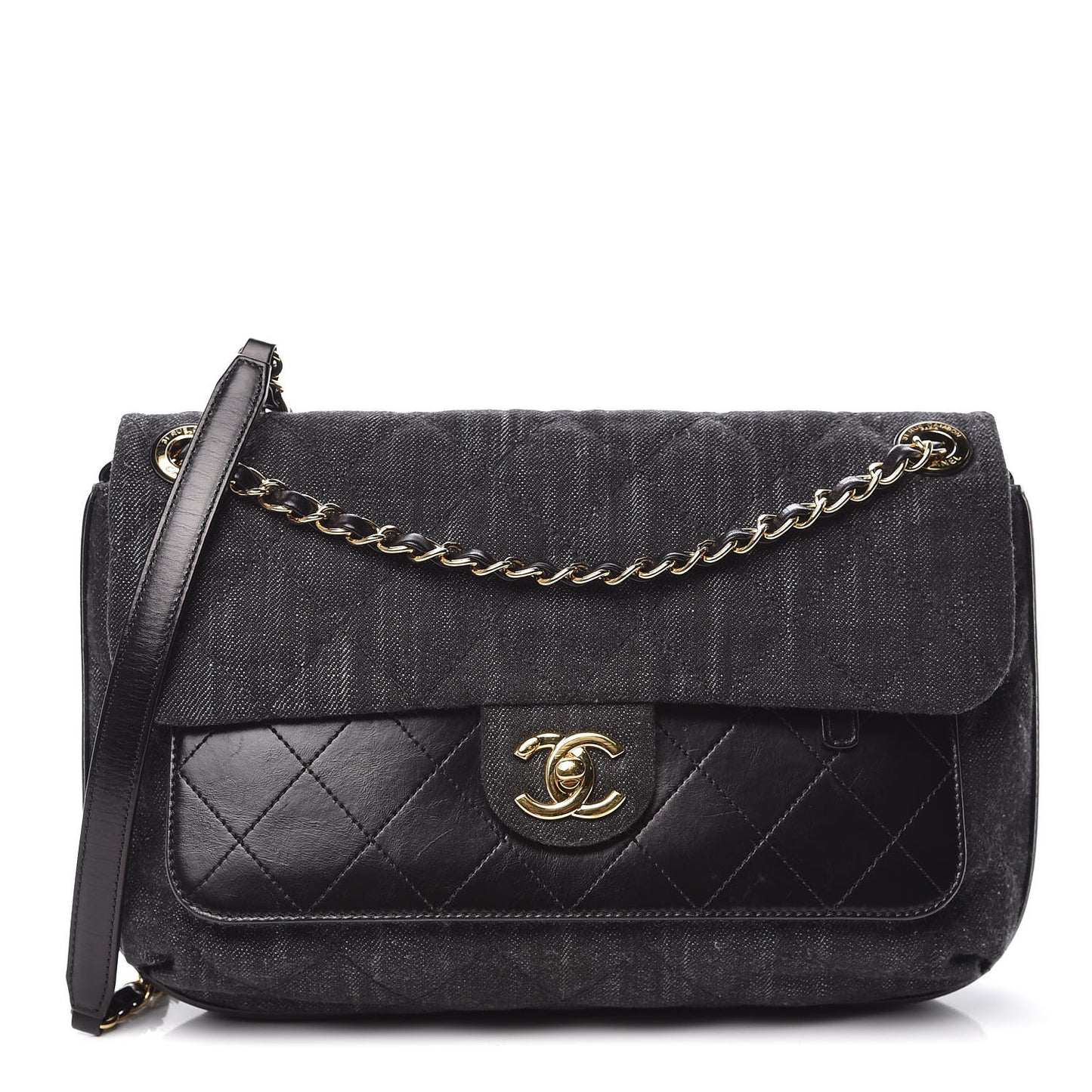 Denim Calfskin Quilted Small Flap Black