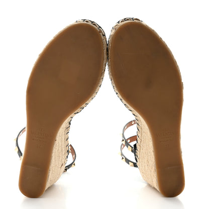 Valentino Garavani Grained Calfskin Rockstud Ankle Wrap Espadrille 15/85mm Wedges 37 Black Light Cuir 5 of 9