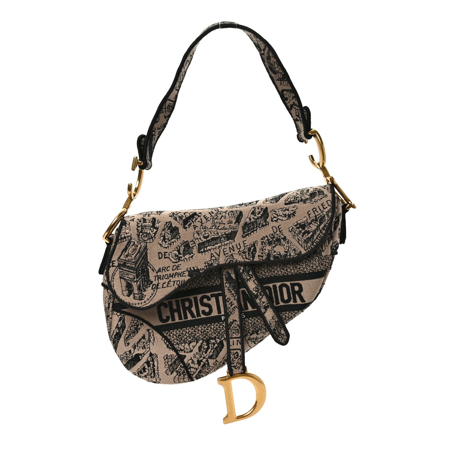 Christian Dior Canvas Embroidered Plan De Paris Printed Saddle Bag Beige Black 1 of 7