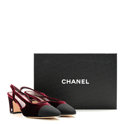 Chanel Velvet Grosgrain Cap Toe CC Slingback Pumps 37 Burgundy Black 9 of 9