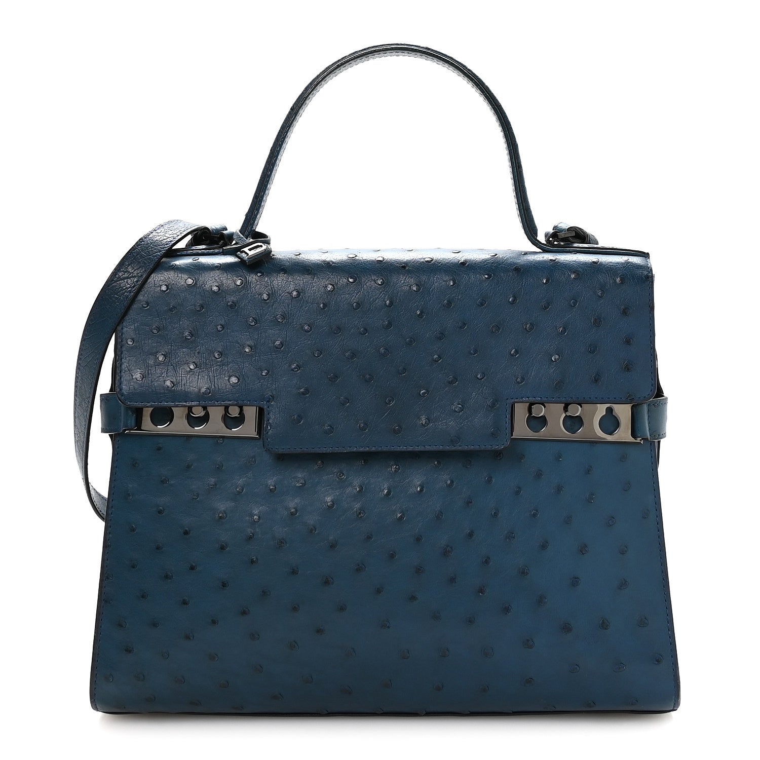 Delvaux Ostrich GM Tempete Satchel Bleu De Presse 1 of 9