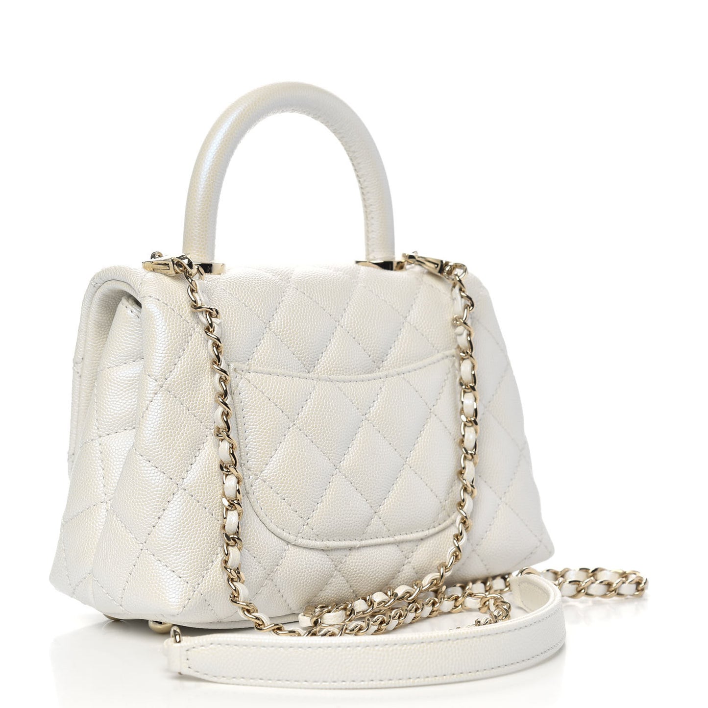 Iridescent Caviar Quilted Extra Mini Coco Handle Flap White