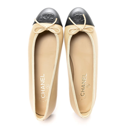 Chanel Lambskin Cap Toe CC Ballerina Flats 39.5 Beige Black 2 of 10