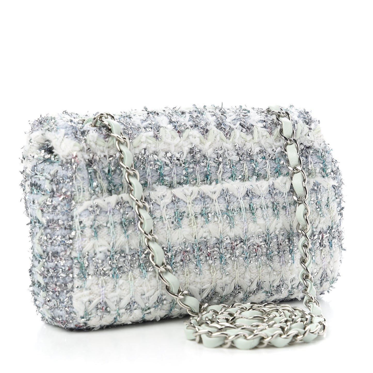 Tweed Quilted Mini Rectangular Flap Light Green Silver White